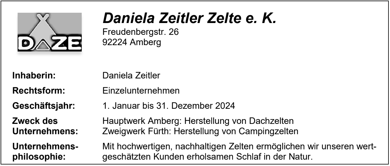 Logo und Firmenübersicht eines Zeltunternehmens mit Adresse, Rechtsform und Geschäftsjahr